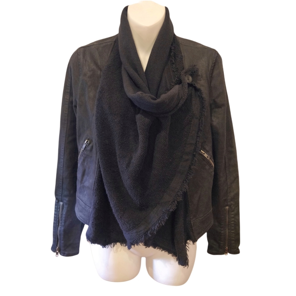 Free people black jacket coated denim front draped knit detail sz.0